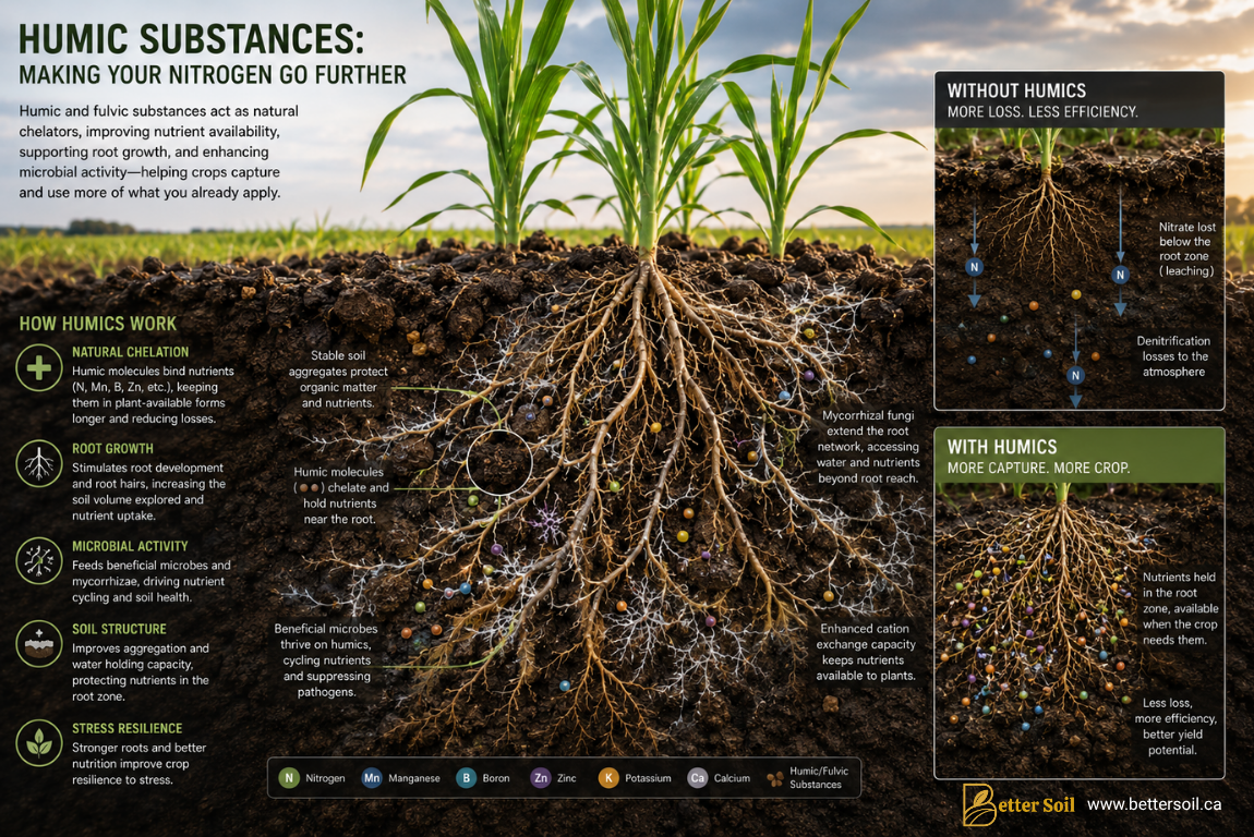 Soil profile illustration showing humic substances improving nutrient retention, root growth, microbial activity, and nutrient uptake efficiency.