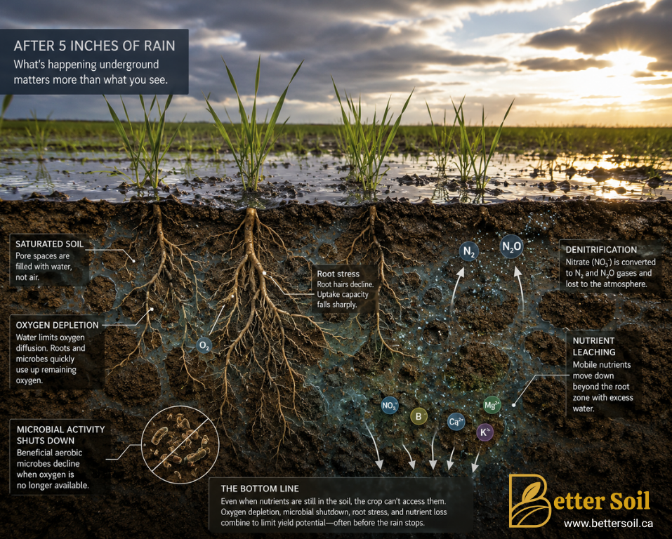 Cross-section illustration of a waterlogged Southern Alberta field showing saturated soil, oxygen depletion around crop roots, denitrification, nutrient leaching, and reduced biological activity following a major rain event.